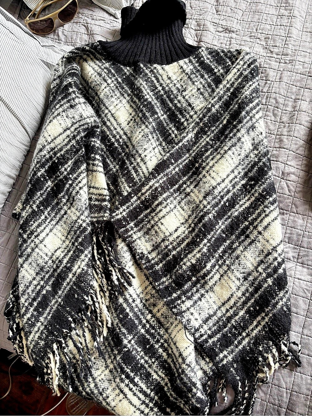 Lauren Ralph Lauren Plaid Turtleneck Poncho in Black & White